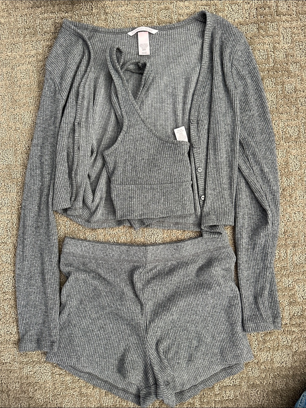 3-Piece Ribbed Knit Lounge Set - Gray